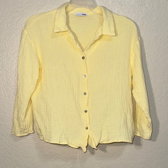 Fashion Nova Yellow Gauze 2-Piece Set – Button-Down Shirt & Pants Size L - Picture 3 of 8
